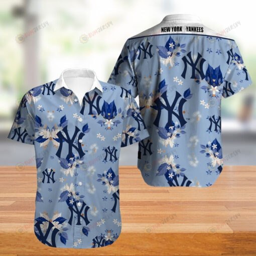 New York Yankees Floral & Leaf Pattern Curved Hawaiian Shirt In Blue
