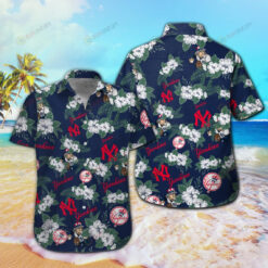 New York Yankees Floral & Leaf Pattern Curved Hawaiian Shirt In Dark Blue