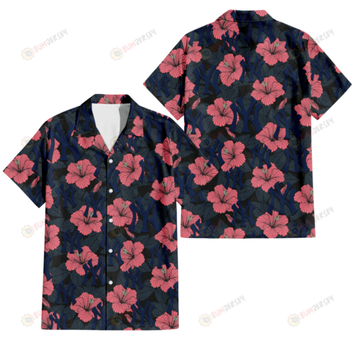New York Yankees Light Coral Hibiscus Gray Leaf Black Background 3D Hawaiian Shirt