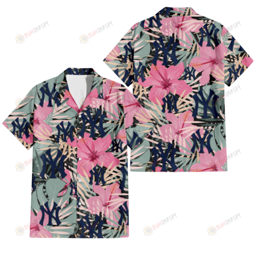 New York Yankees Light Pink Hibiscus Pale Green Leaf Black Background 3D Hawaiian Shirt