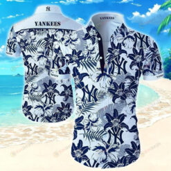 New York Yankees Navy Floral Curved Hawaiian Shirt In White