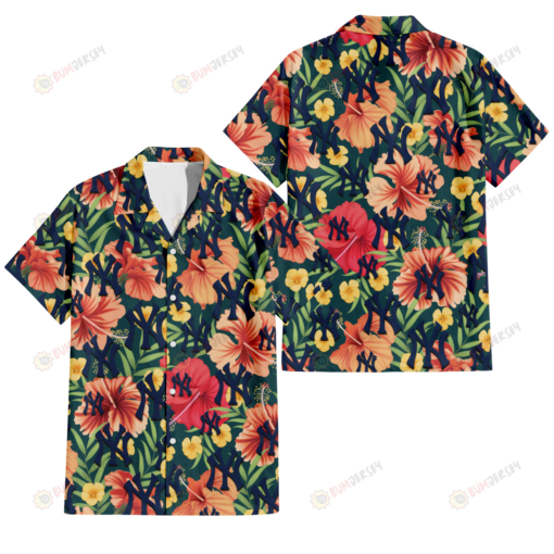 New York Yankees Orange Red Hibiscus Green Leaf Dark Background 3D Hawaiian Shirt