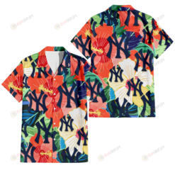 New York Yankees Orange White Tropical Hibiscus Green Leaf 3D Hawaiian Shirt