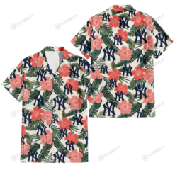 New York Yankees Pink Coral Hibiscus Banana Leaf Beige Background 3D Hawaiian Shirt