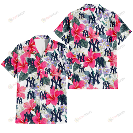 New York Yankees Pink Hibiscus White Orchid White Background 3D Hawaiian Shirt