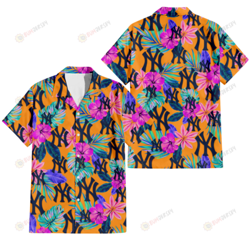 New York Yankees Purple Hibiscus Neon Leaf Orange Background 3D Hawaiian Shirt