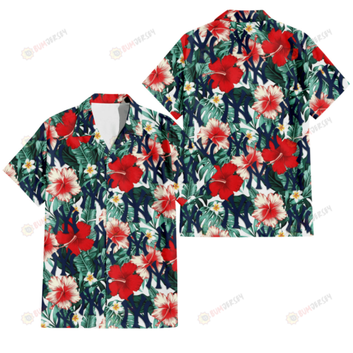 New York Yankees Red Coral Hibiscus White Porcelain Flower Banana Leaf 3D Hawaiian Shirt