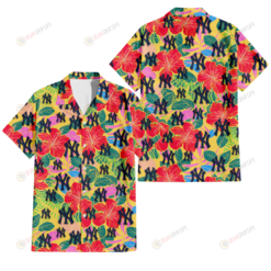 New York Yankees Red Hibiscus Green Blue Leaf Yellow Background 3D Hawaiian Shirt