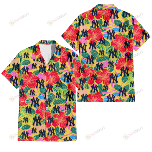 New York Yankees Red Hibiscus Green Blue Leaf Yellow Background 3D Hawaiian Shirt