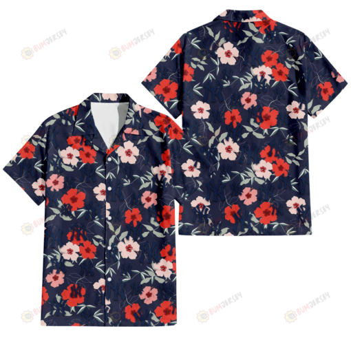 New York Yankees Red Pink White Hibiscus Black Background 3D Hawaiian Shirt