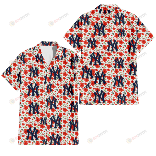 New York Yankees Tiny Red Hibiscus Green Leaf White Cube Background 3D Hawaiian Shirt