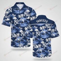 New York Yankees Tree Pattern Curved Hawaiian Shirt In White & Blue