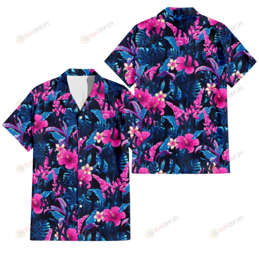 New York Yankees Violet Red Hibiscus Blue Leaf Black Background 3D Hawaiian Shirt