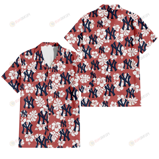 New York Yankees White Hibiscus Indian Red Background 3D Hawaiian Shirt