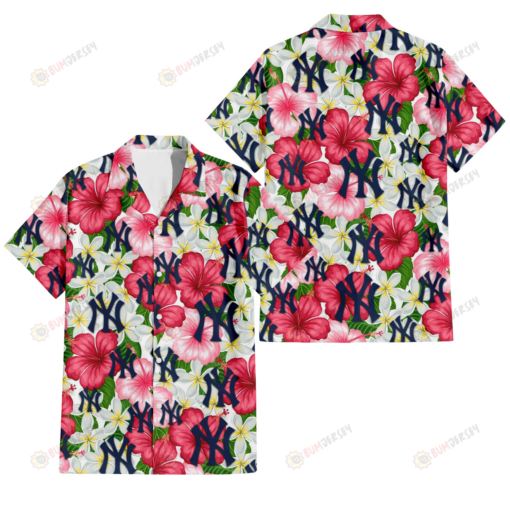 New York Yankees White Porcelain Flower Pink Hibiscus White Background 3D Hawaiian Shirt