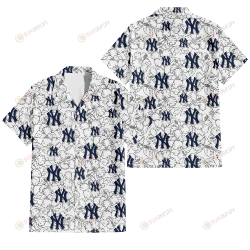 New York Yankees White Sketch Hibiscus Pattern White Background 3D Hawaiian Shirt