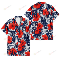 New York Yankees White Tropical Leaf Red Hibiscus Navy Background 3D Hawaiian Shirt