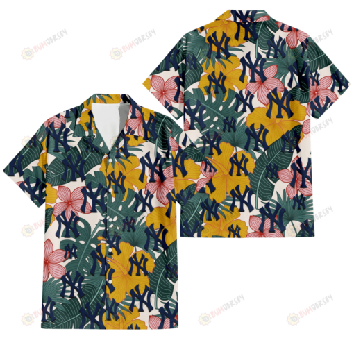 New York Yankees Yellow Hibiscus Green Banana Leaf Pink Porcelain Flower 3D Hawaiian Shirt