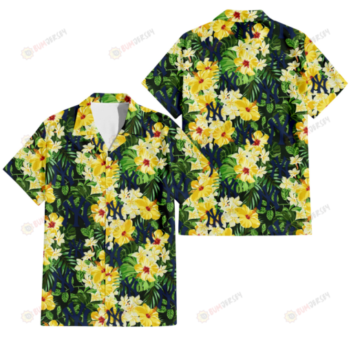 New York Yankees Yellow Hibiscus Tropical Green Leaf Black Background 3D Hawaiian Shirt