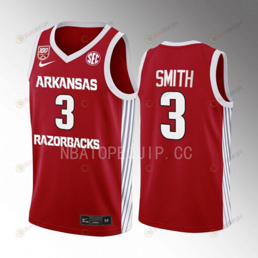 Nick Smith 3 Arkansas Razorbacks 100 Season Uniform Jersey 2022-23 College Basketball Red