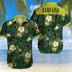 Nirvana Logo Floral And Leaves Pattern Curved Hawaiian Shirt