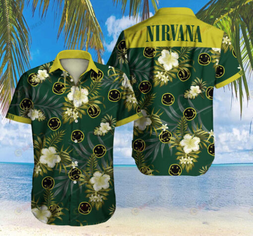 Nirvana Logo Floral And Leaves Pattern Curved Hawaiian Shirt