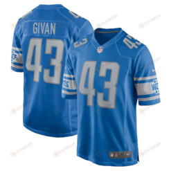 Nolan Givan 43 Detroit Lions Player Game Jersey - Blue