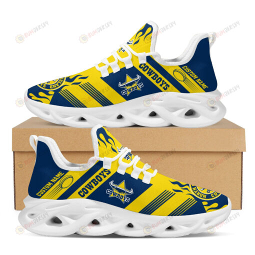 North Queensland Cowboys Logo Custom Name Pattern 3D Max Soul Sneaker Shoes In Blue And Yellow