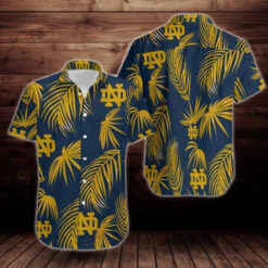 Notre Dame Leaf Pattern Curved Hawaiian Shirt In Yellow & Blue