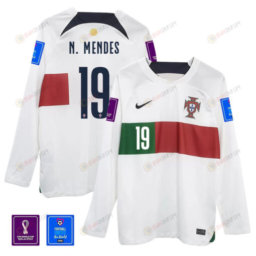 Nuno Mendes 19 Portugal 2022-23 Away Men Long Sleeve Jersey National Team World Cup Qatar Patch