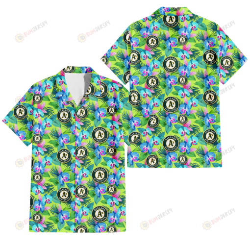 Oakland Athletics Blue Orchid Green Pink Leaf Green Background 3D Hawaiian Shirt