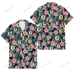 Oakland Athletics Coral Hibiscus Green Banana Leaf Black Background 3D Hawaiian Shirt