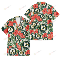 Oakland Athletics Coral Hibiscus Green Leaf Beige Background 3D Hawaiian Shirt