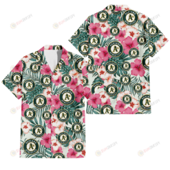 Oakland Athletics Coral Pink Hibiscus Green Leaf Beige Background 3D Hawaiian Shirt