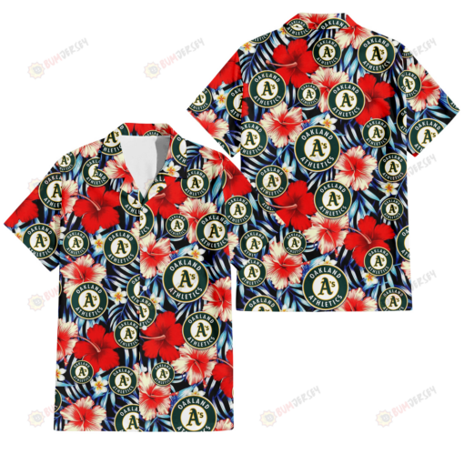 Oakland Athletics Coral Red Hibiscus Blue Palm Leaf Black Background 3D Hawaiian Shirt