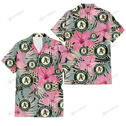 Oakland Athletics Light Pink Hibiscus Pale Green Leaf Black Background 3D Hawaiian Shirt