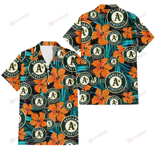 Oakland Athletics Orange Hibiscus Blue Gray Leaf Black Background 3D Hawaiian Shirt