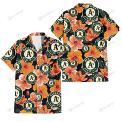 Oakland Athletics Orange Hibiscus Dark Green Leaf Black Background 3D Hawaiian Shirt