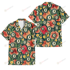 Oakland Athletics Orange Red Hibiscus Green Leaf Dark Background 3D Hawaiian Shirt