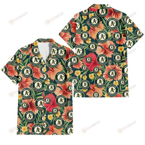 Oakland Athletics Orange Red Hibiscus Green Leaf Dark Background 3D Hawaiian Shirt