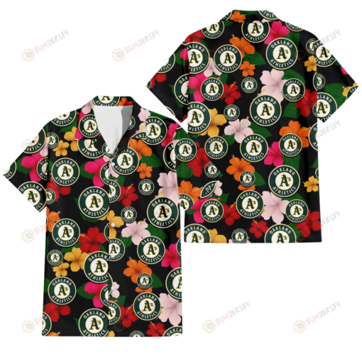 Oakland Athletics Pink Orange Yellow White Hibiscus Black Background 3D Hawaiian Shirt