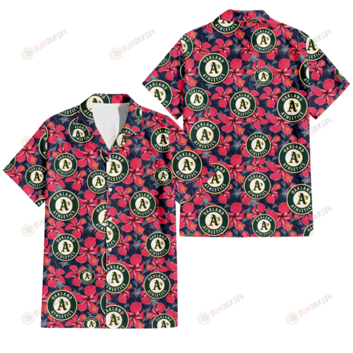 Oakland Athletics Red Hibiscus Dark Gray Background 3D Hawaiian Shirt