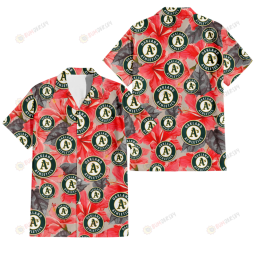 Oakland Athletics Red Hibiscus Gray Leaf Beige Background 3D Hawaiian Shirt