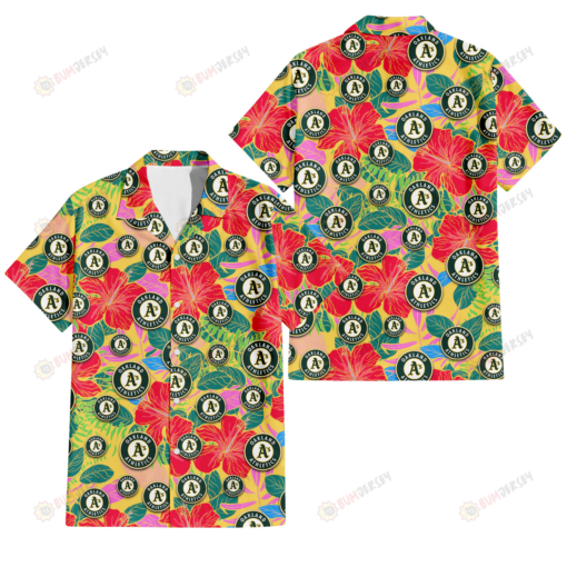 Oakland Athletics Red Hibiscus Green Blue Leaf Yellow Background 3D Hawaiian Shirt