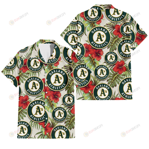 Oakland Athletics Red Hibiscus Green Tropical Leaf Cream Background 3D Hawaiian Shirt