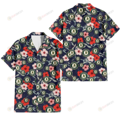 Oakland Athletics Red Pink White Hibiscus Black Background 3D Hawaiian Shirt