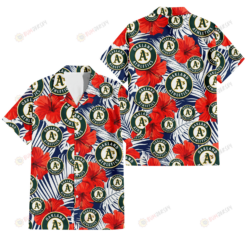 Oakland Athletics White Tropical Leaf Red Hibiscus Navy Background 3D Hawaiian Shirt