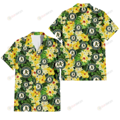 Oakland Athletics Yellow Hibiscus Tropical Green Leaf Black Background 3D Hawaiian Shirt