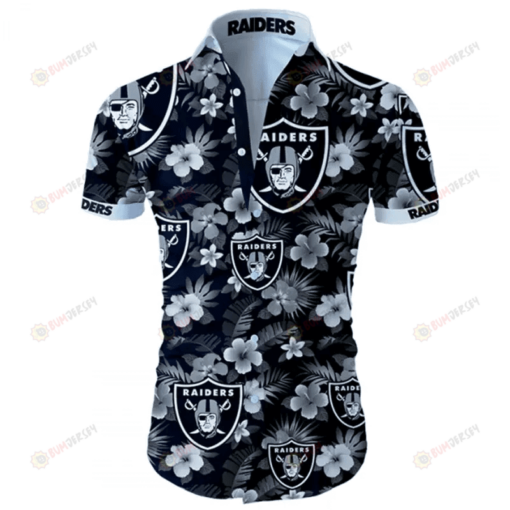 Oakland Raiders Flower & Leaf Pattern Curved Hawaiian Shirt In White & Black