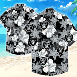 Oakland Raiders Leaf & Flower Pattern Curved Hawaiian Shirt In White & Black